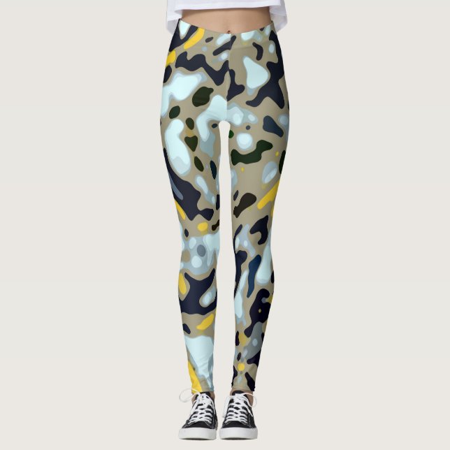 Camo Mönster - Gult White Beige Blue Black Leggings (Framsida)