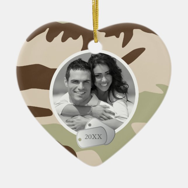 Camo mönster och hundbrickorfoto julgransprydnad keramik (Framsidan)