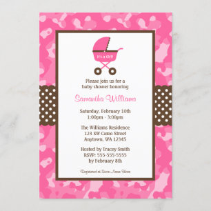 Camo Rosa Brown Carriage Dots Baby Shower Inbjudningar