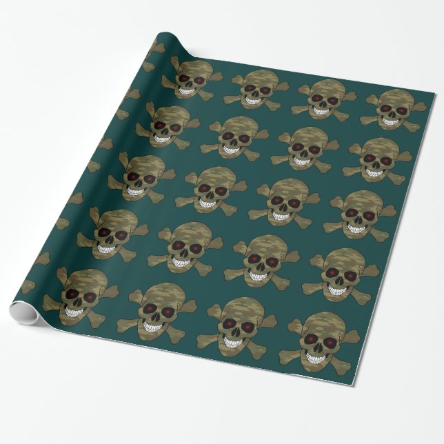 Camo Skull Red Ögon och Crossbone Wrapping Papper Presentpapper (Utrullad)