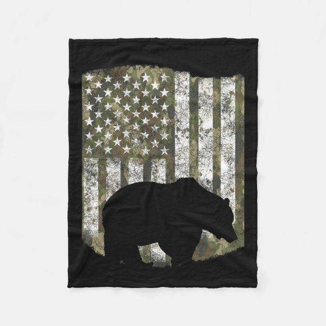 Camo Us Flagga Bear Grizzly Camoflage Hunter Fleecefilt (Framsidan)