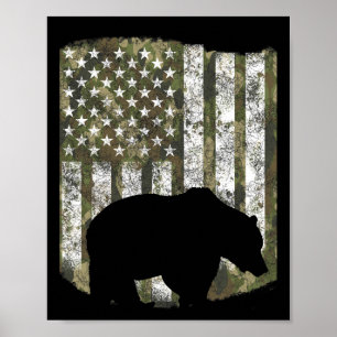 Camo Us Flagga Bear Grizzly Camoflage Hunter Poster