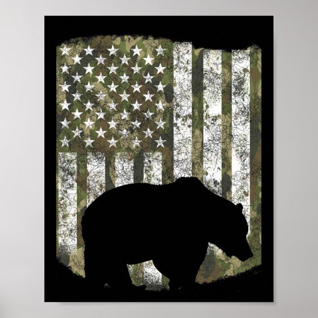 Camo Us Flagga Bear Grizzly Camoflage Hunter Poster (Framsidan)