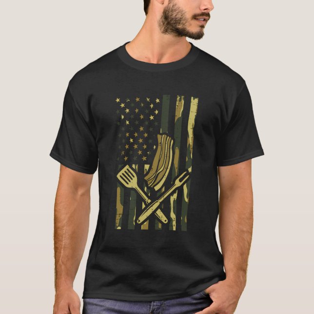 Camo Us Flagga Bq Kött Grill Barbecue Patriot Mana T Shirt (Framsida)