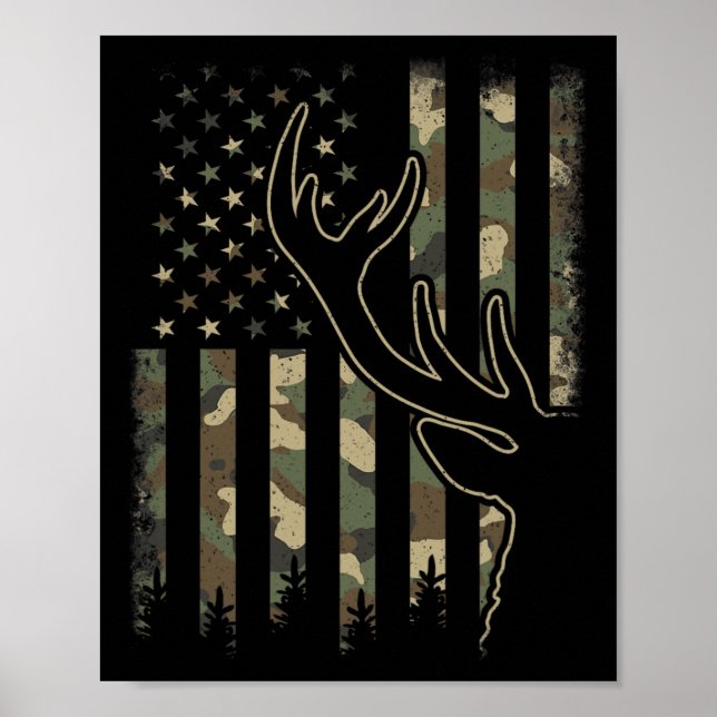 Camo Us Flagga Elk Buck Camouflage Hjort Hunting H Poster (Framsidan)