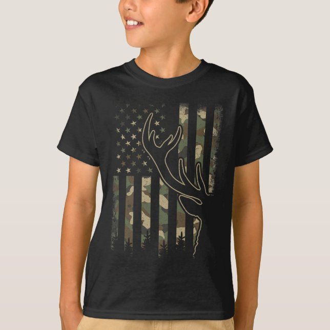 Camo Us Flagga Elk Buck Camouflage Hjort Hunting H T Shirt (Framsida)