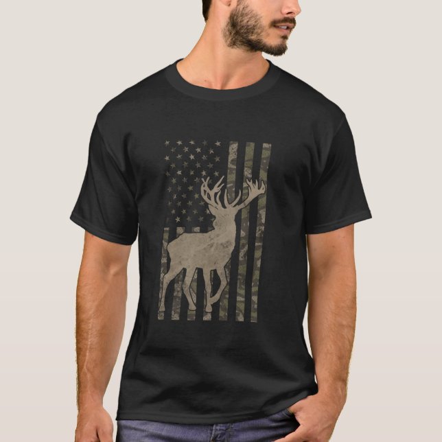 Camo US Flagga Hjort Elk Buck Camoflage Hunting Hu T Shirt (Framsida)