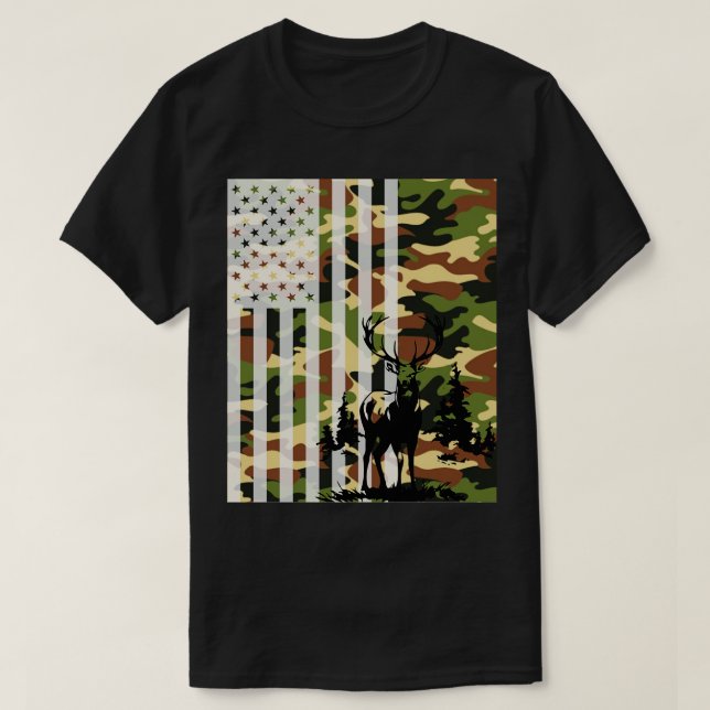 Camo US Flagga Hjort Elk Buck Camoflage Hunting Hu T Shirt (Design framsida)