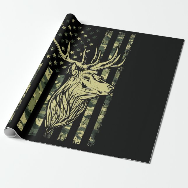 Camo US Flagga Hjort Elk Buck Camoflage Hunting Presentpapper (Utrullad)