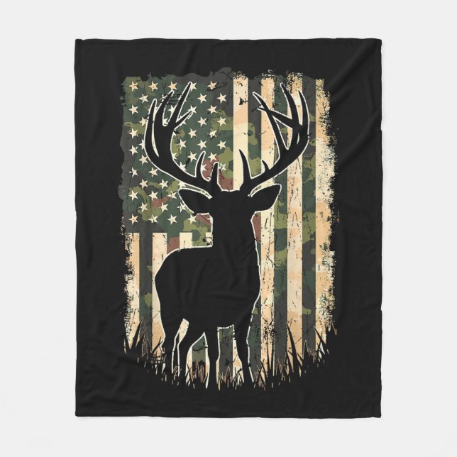 Camo US Flagga Hjort Hunting Camoflage Hunter Fleecefilt (Framsidan)
