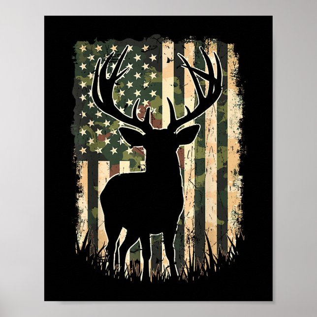 Camo US Flagga Hjort Hunting Camoflage Hunter Poster (Framsidan)