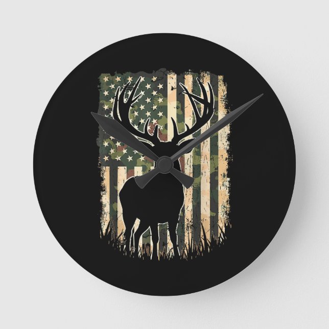 Camo US Flagga Hjort Hunting Camoflage Hunter Rund Klocka (Framsida)