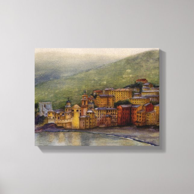 Camogli, vattenfärgad målning av Italien inslagen Canvastryck (Framsida)