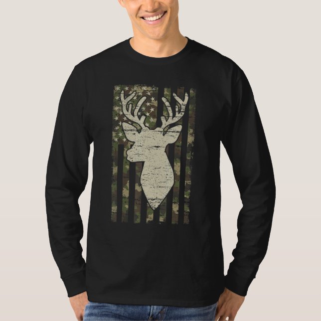 Camouflage American Flag Deer Hunting  Deer T Shirt (Framsida)