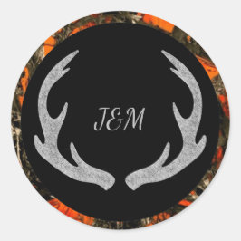 Camouflage Antler Monogram Bröllop Sticker Runt Klistermärke