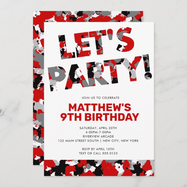 Camouflage Birthday, Låt oss Party Red Black Camo Inbjudningar (Fram/baksida)