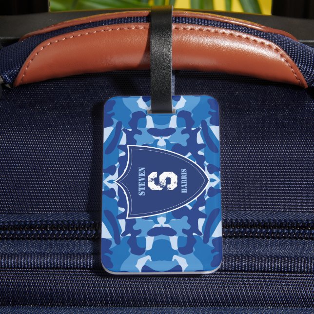 Camouflage Blue Camo Army Mönster Monogram Bagagebricka (Baksida Insitu 4)