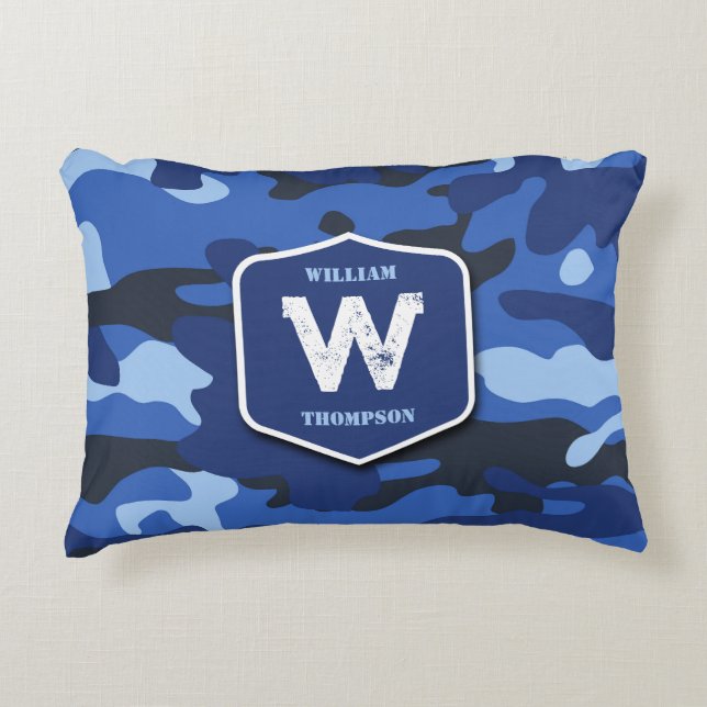 Camouflage Blue Camo Army Mönster Monogram Prydnadskudde (Framsidan)