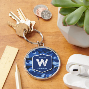 Camouflage Blue Camo Army Mönster Monogram Rund Silverfärgad Nyckelring