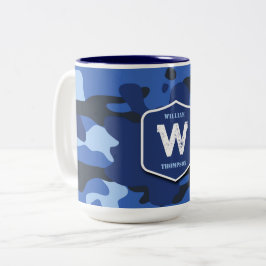 Camouflage Blue Camo Army Mönster Monogram Två-Tonad Mugg
