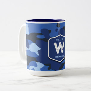 Camouflage Blue Camo Army Mönster Monogram Två-Tonad Mugg