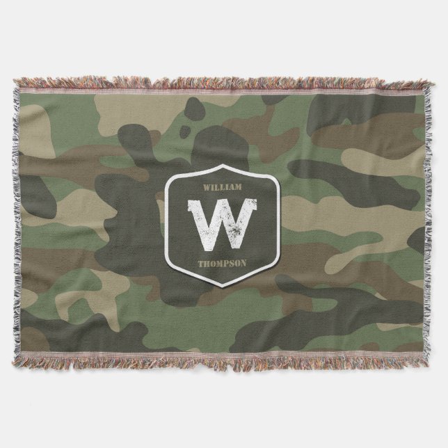 Camouflage Grönt Camo Army Mönster Monogram Filt (Framsidan)