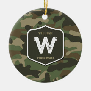 Camouflage Grönt Camo Army Mönster Monogram Julgransprydnad Keramik