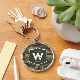 Camouflage Grönt Camo Army Mönster Monogram Rund Silverfärgad Nyckelring