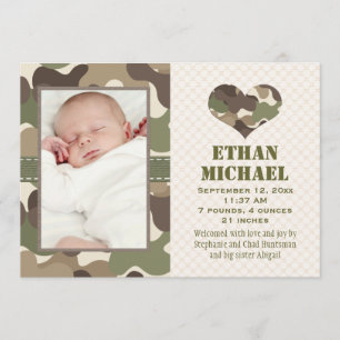 Camouflage Heart Baby Photo Birth Notice Meddelande