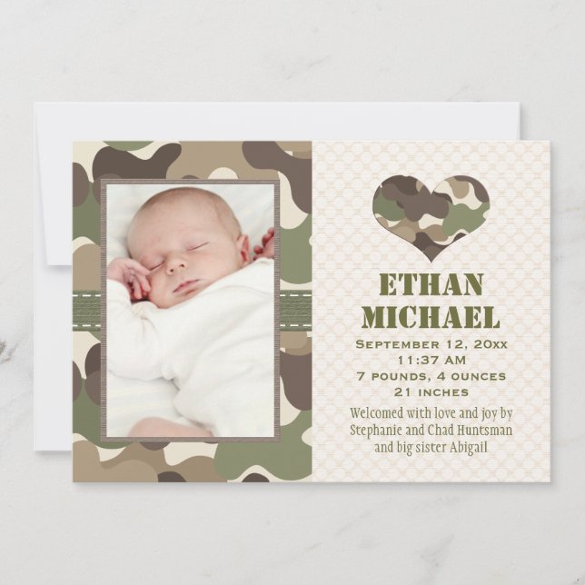 Camouflage Heart Baby Photo Birth Notice Meddelande (Framsida)