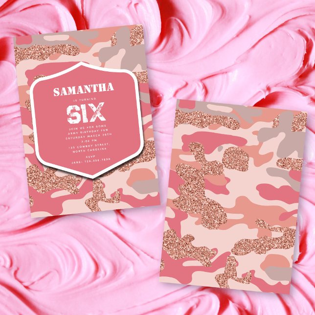 Camouflage Ro Guld  Rosa Camo Army Birthday Inbjudningar (Camouflage Rose Gold Blush Pink Camo Army Birthday Invitation)