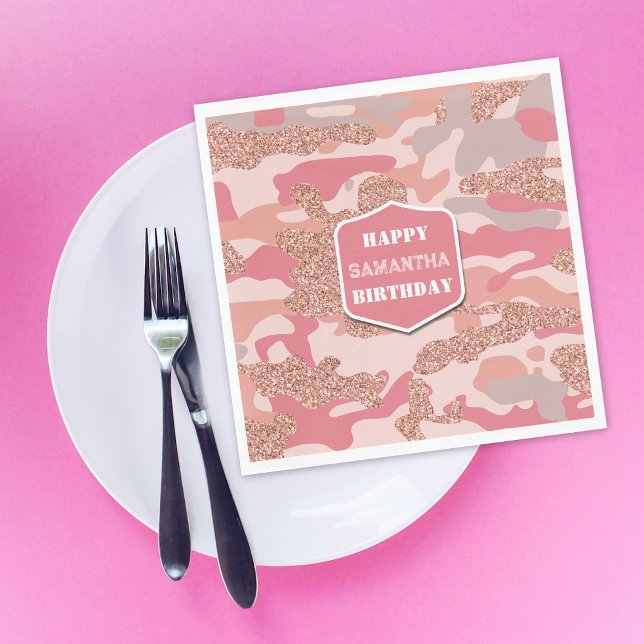 Camouflage Ro Guld  Rosa Camo Army Birthday Pappersservett (Camouflage Rose Gold Blush Pink Camo Army Birthday Napkins)