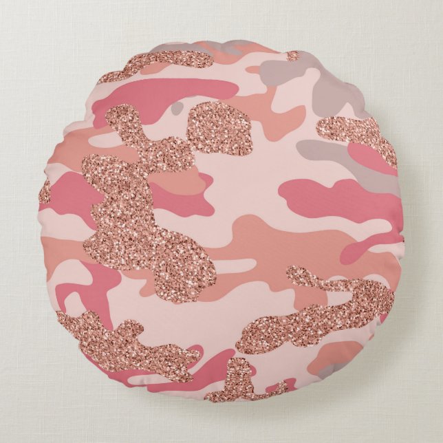 Camouflage Ro Guld  Rosa Camo Army Mönster Rund Kudde (Framsidan)