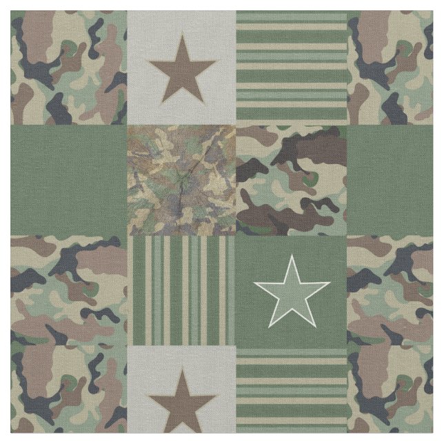 Camouflage Stars Rand Khaki Patchwork Mönster Tyg (Närbild)