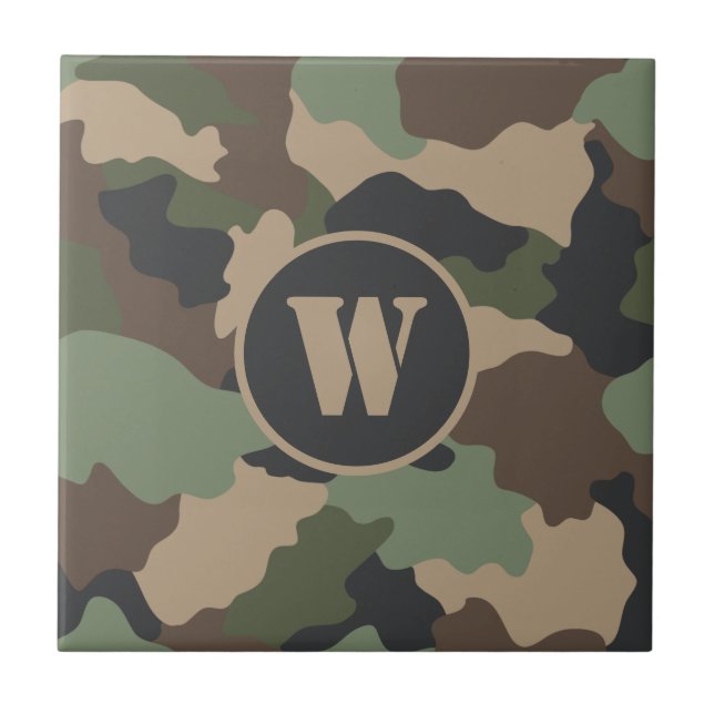 Camouflage Woodland Camo Khaki Tan Black Monogram Kakelplatta (Framsidan)