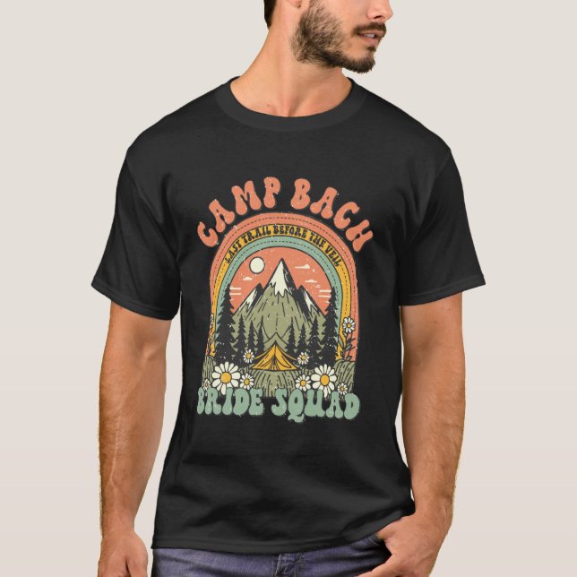 Camp Bach Brud Sällskap Retro Camping Senter Bröll T Shirt (Framsida)
