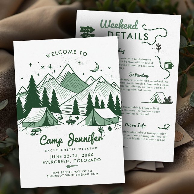Camp Bach Grönt 3-dagars Camping Bachelorette Part Inbjudningar (camp bachelorette invitation itinerary green nature camping glamping 3-day weekend bach)
