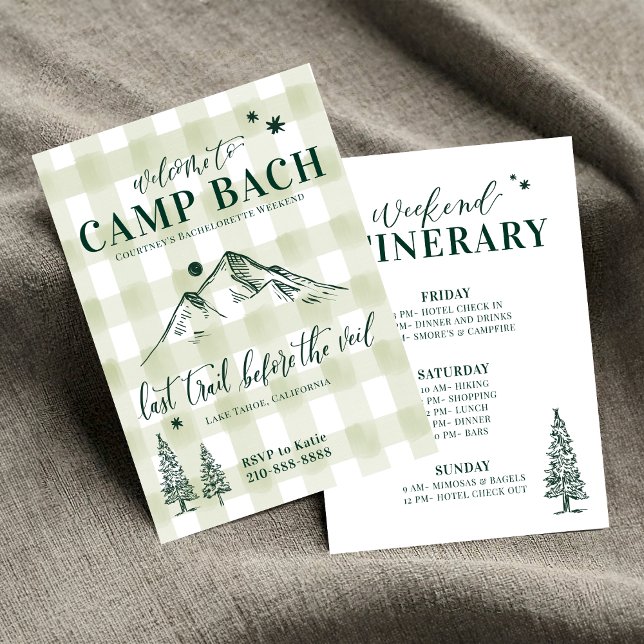 CAMP BACH-Last-Spel till Veil-inbjudan Inbjudningar (Camp Bach Invitation & Itinerary | Mountain Themed Bach Trip Set | Editable & custom! Shop Now!)