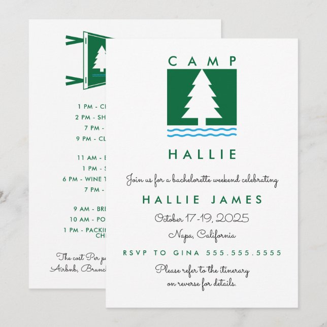 Camp Bachelorette Bach-helgens itinerar & Inbjudningar (Fram/baksida)