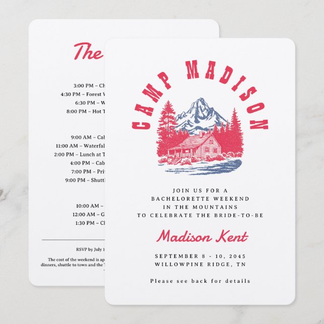 Camp Bachelorette Bold Retro Mountain Bröllop Inbjudningar (Fram/baksida)
