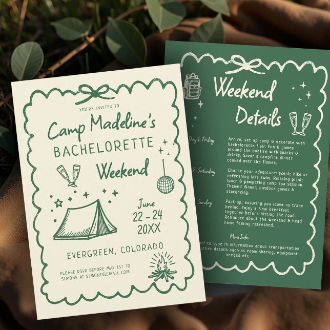 Camp Bachelorette Bow Hand plockade Camping Itiner Inbjudningar (camp bachelorette invitation itinerary camping hiking mountains nature glamping green hand drawn)