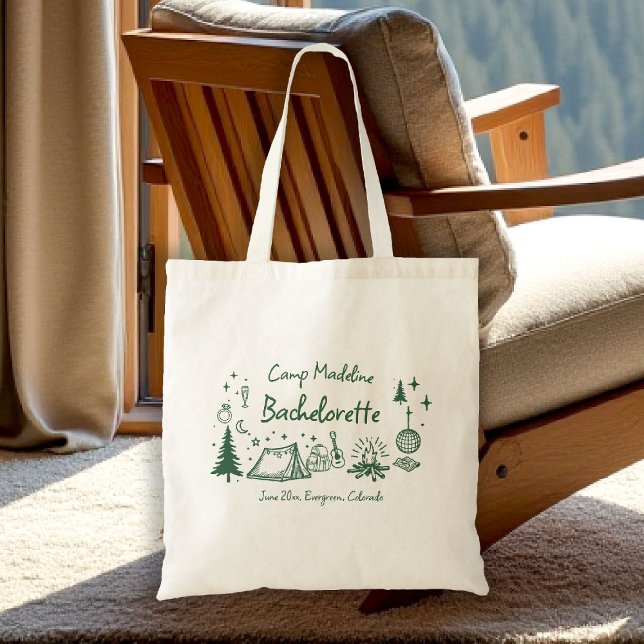 Camp Bachelorette Camping Handritad Text Grön Tygkasse (camp bachelorette tote bag bridesmaid gift camping hand drawn written girls trip bach)