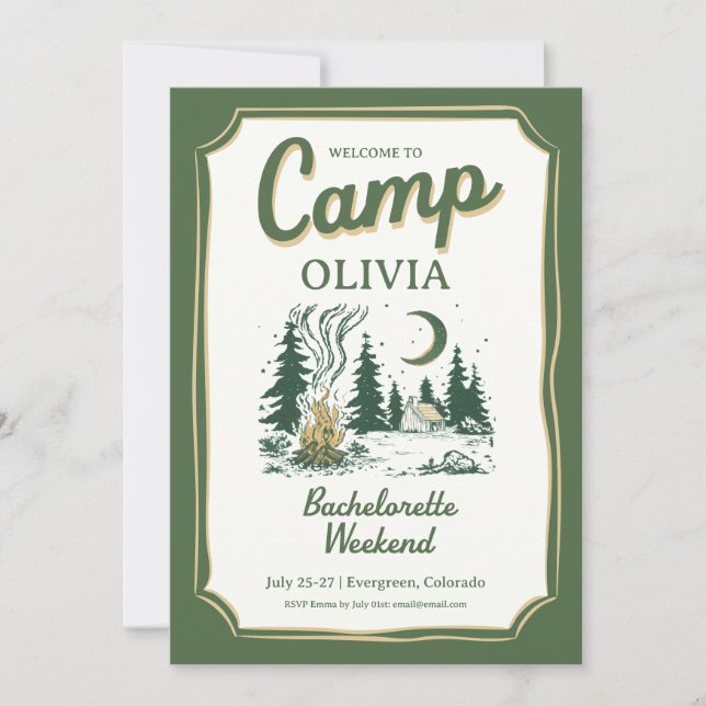 Camp Bachelorette Grön Glamping-resa Inbjudningar (Framsida)