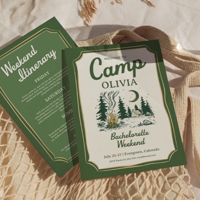 Camp Bachelorette Grön Glamping-resa Itinerary Inbjudningar (Camp Bachelorette Green Glamping Itinerary )