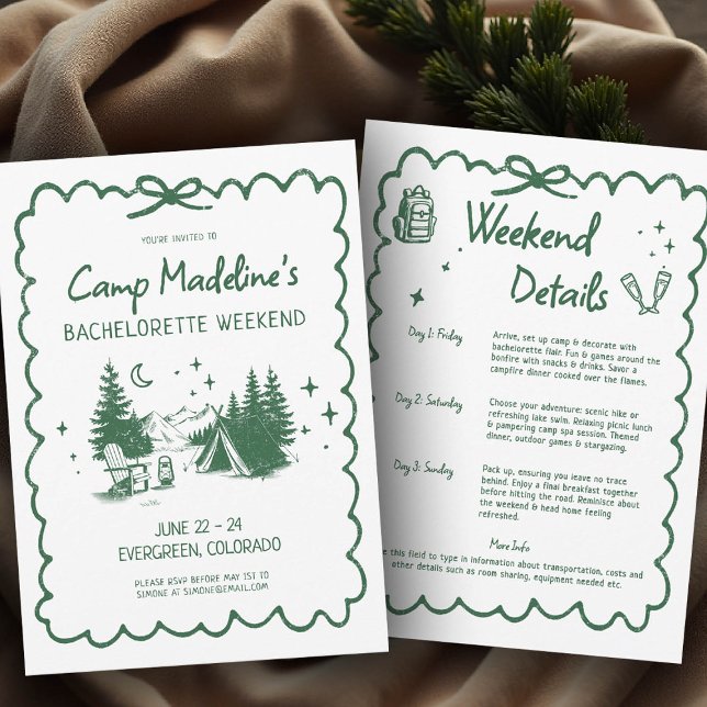 Camp Bachelorette Grönt Bow Camping Itinerary Inbjudningar (camp bachelorette invitation itinerary camping hiking mountains nature bach glamping)
