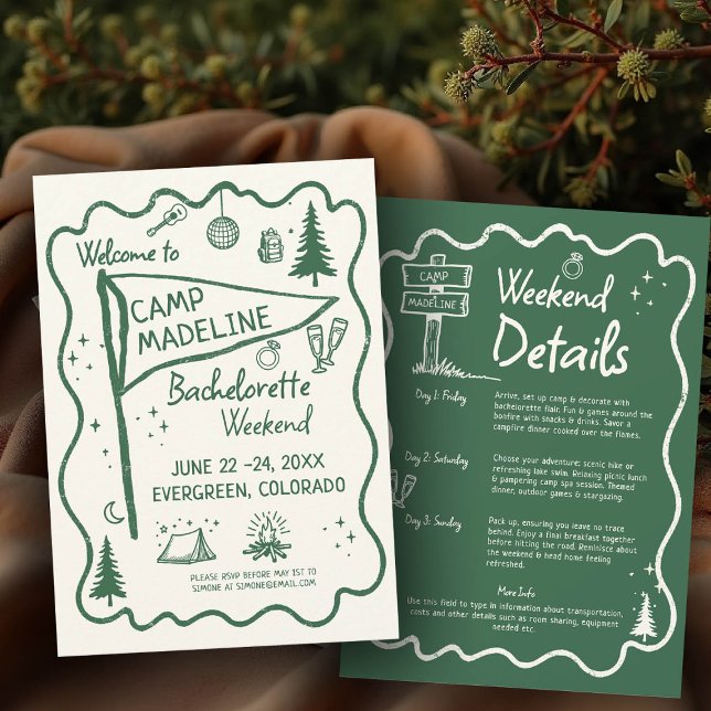 Camp Bachelorette Grönt Pennant Camping Itinerary Inbjudningar (camp bachelorette invitation itinerary camping hiking mountains bach glamping hand drawn pennant)