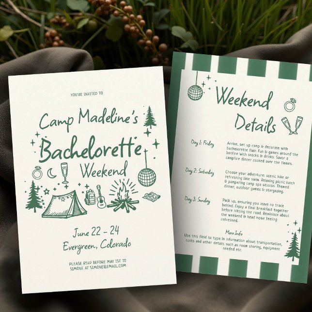 Camp Bachelorette Grönt Rand Camping Itinerary Inbjudningar (camp bachelorette invitation itinerary camping hiking mountains bach glamping green hand drawn)