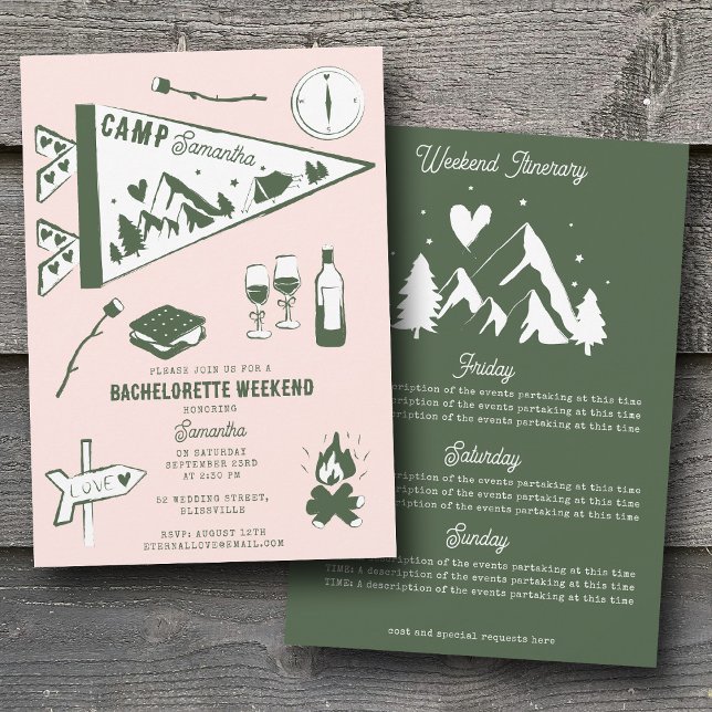 Camp Bachelorette Party Camping Weekend Itinerary  Inbjudningar (Camp Bachelorette Party Camping Weekend Itinerary Invitation)
