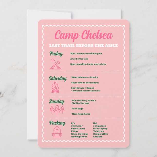 Camp Bachelorette Party Helg Away-inbjudan Inbjudningar (Baksida)