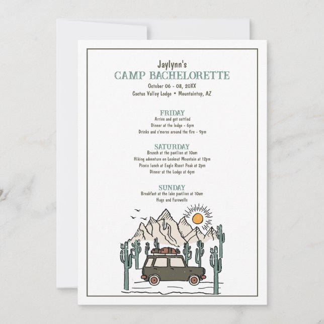 Camp Bachelorette Party Helg Itinerary Inbjudningar (Framsida)